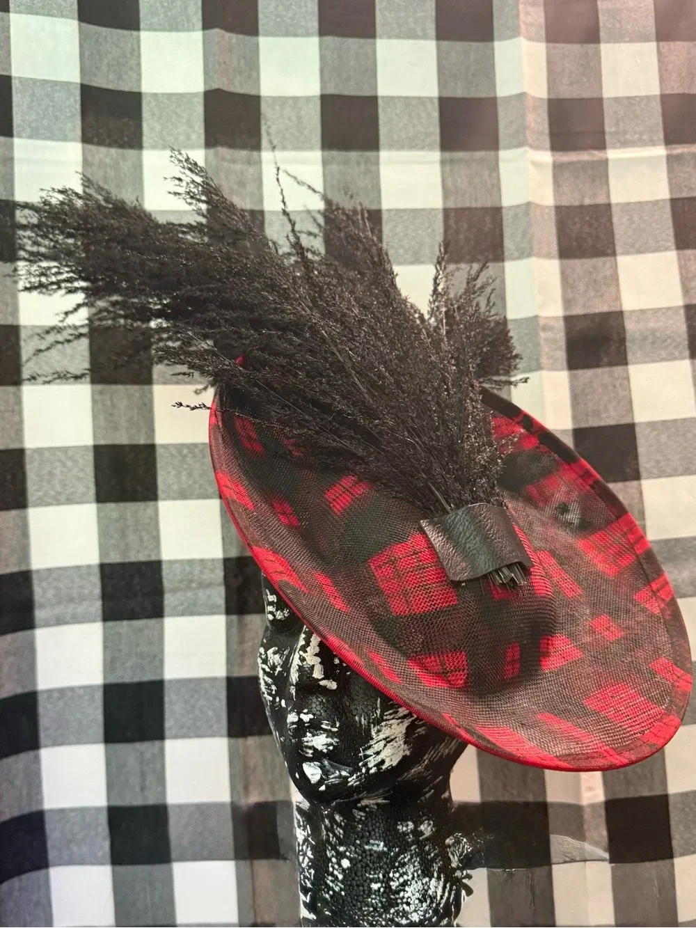 Red and Black Plaid Fascinator Hat with Feather Trim